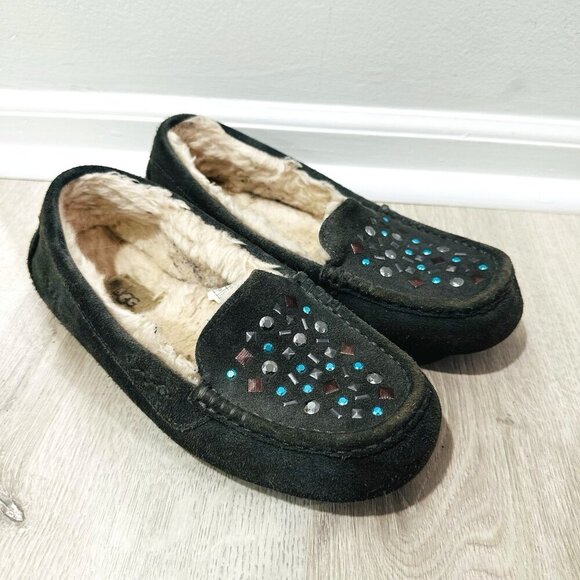 UGG Ansley Stud II Women's Moc Slippers Size 8 Gray Suede Sheepskin Slip On - Picture 1 of 12